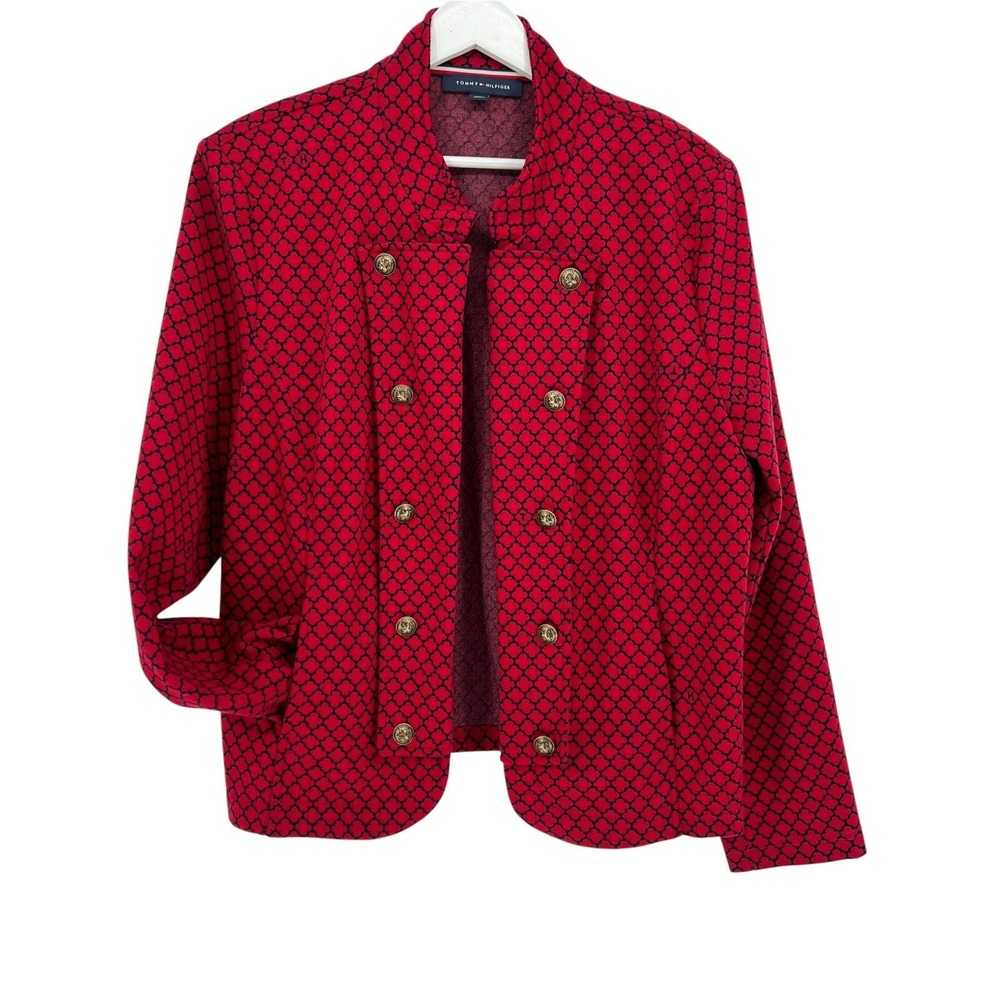 Tommy Hilfiger Military Blazer Womens XXL Red Navy Quatrefoil Knit Crest Button